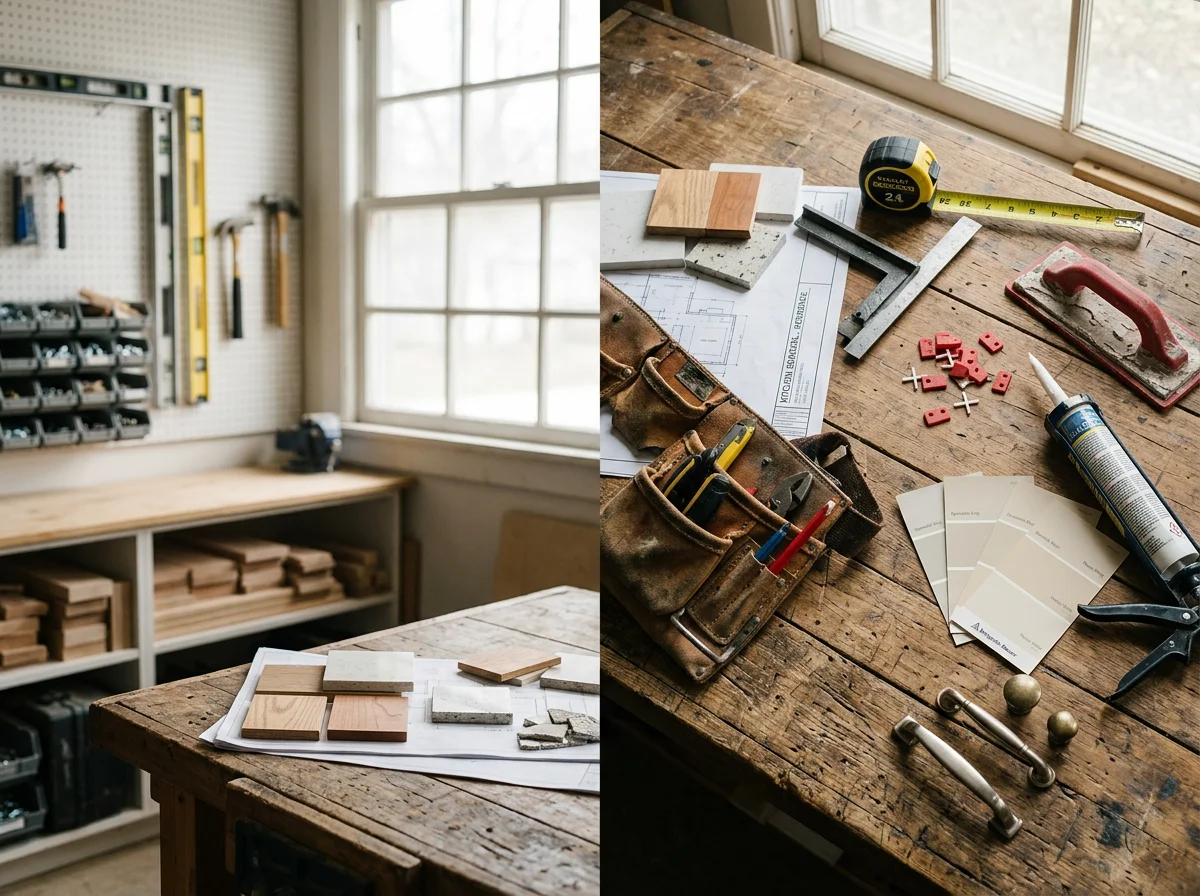 Construction tools and materials on a work surface, representing the trades and craftsmanship of interior remodeling projects.