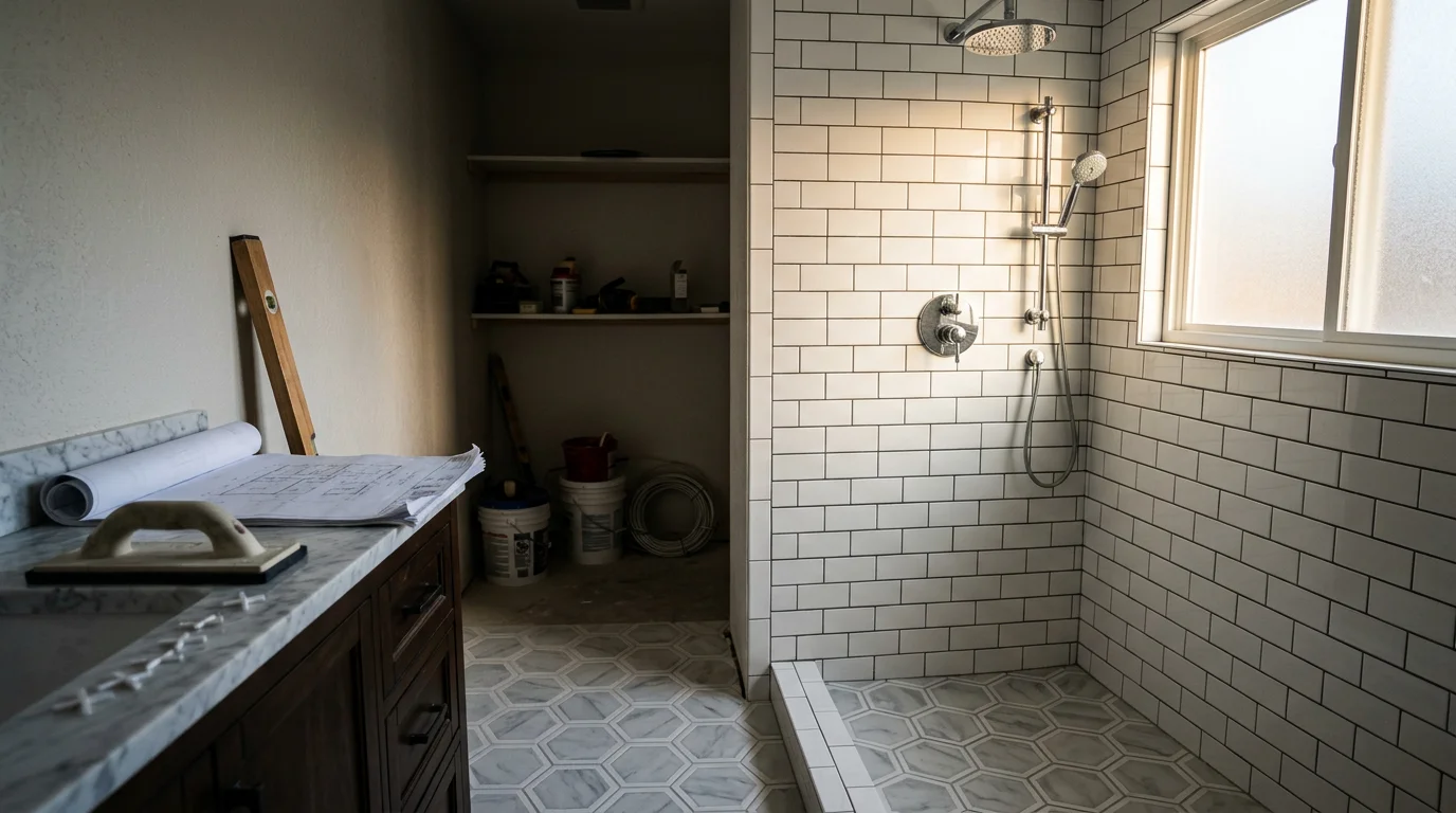 Modern bathroom with tile flooring and custom layout