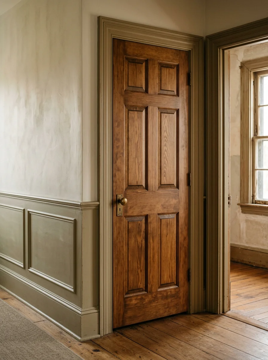 New interior door with traditional casing trim installed in a Cedarburg, WI historic home, matching the original profile of adjacent woodwork.