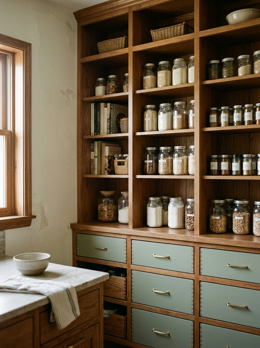 Custom pantry with wood shelving and painted doors built into a kitchen remodel in a rural Kewaskum, WI home, floor to ceiling with pull-out drawers.