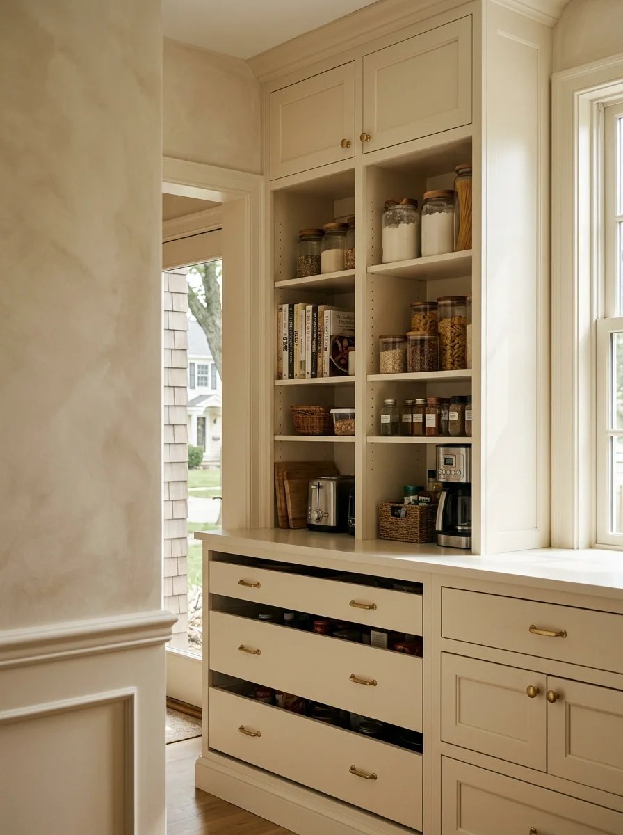 Custom built-in pantry with painted wood shelving and pull-out drawers installed in a Mequon, WI kitchen remodel, floor to ceiling.
