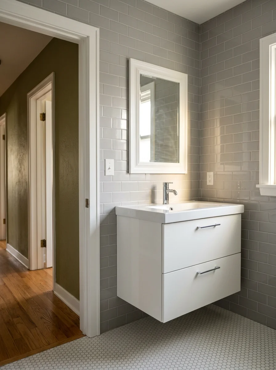 Bathroom remodel in a Newburg, WI mid-century home with new wall tile, updated vanity, and fresh trim replacing original worn fixtures in a compact layout.