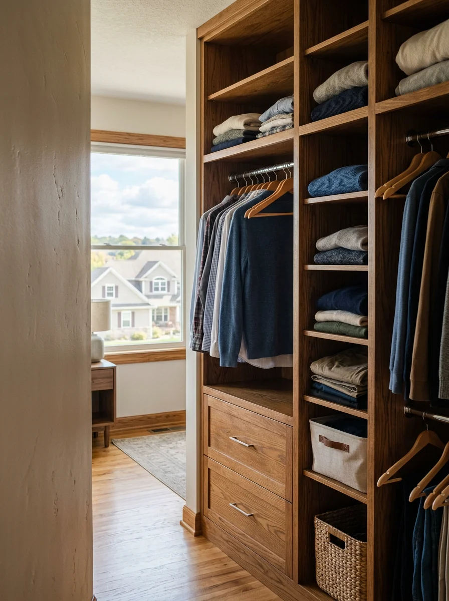 Custom closet system with wood shelving and hanging rods installed in a Slinger, WI bedroom, replacing original wire shelving.