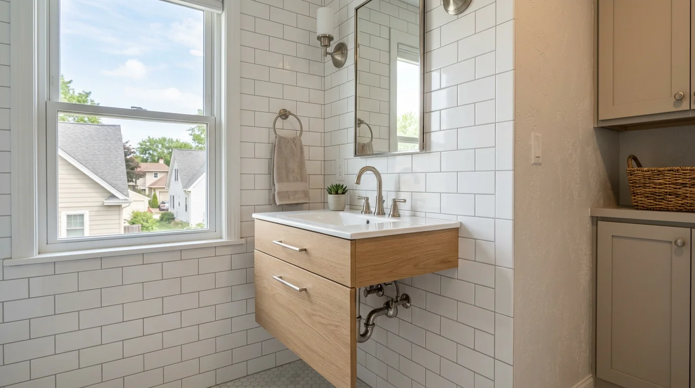 Freshly tiled bathroom with white subway tile and new vanity in a West Bend, WI home, showing clean grout lines and updated fixtures.