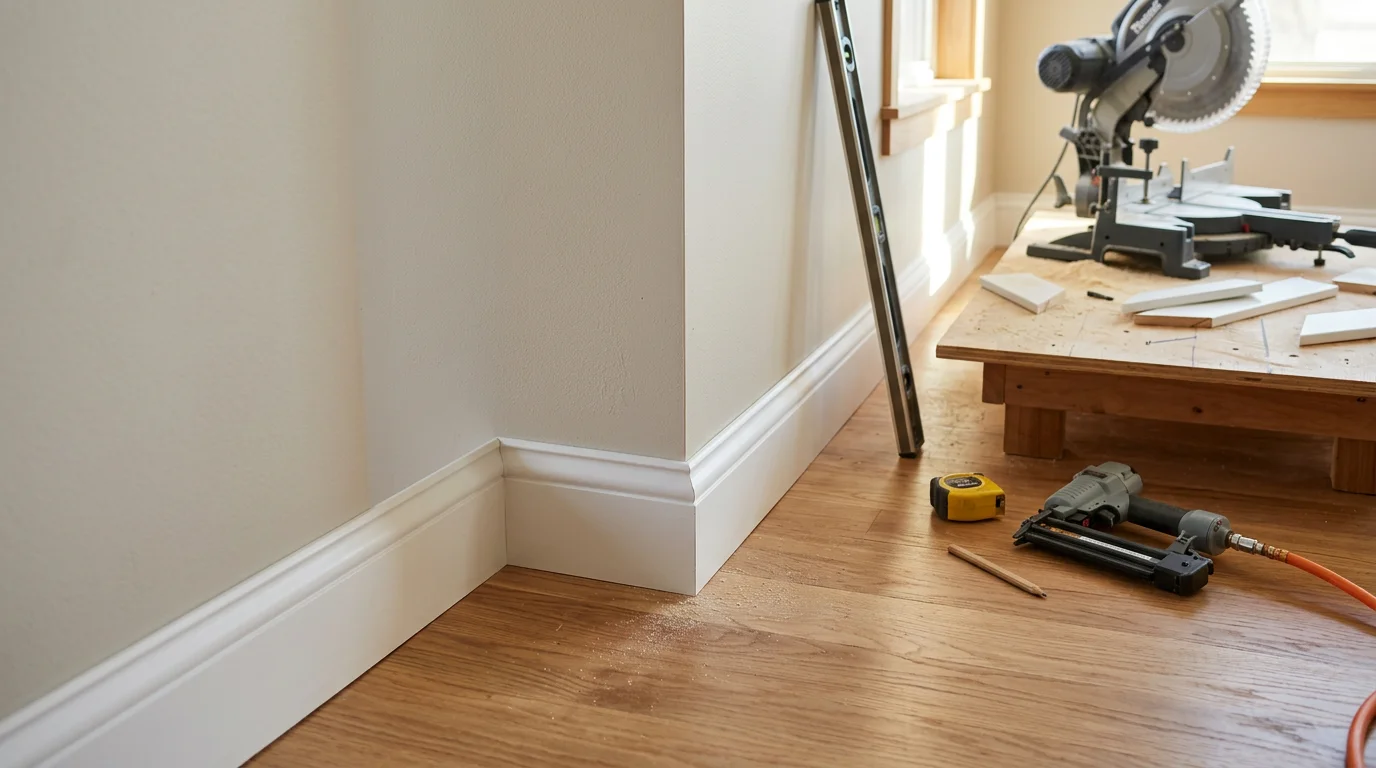 Freshly installed white baseboard trim running along the base of a painted interior wall in a West Bend home. The corner joint is tight and the board sits flush against a hardwood floor with no visible gaps.