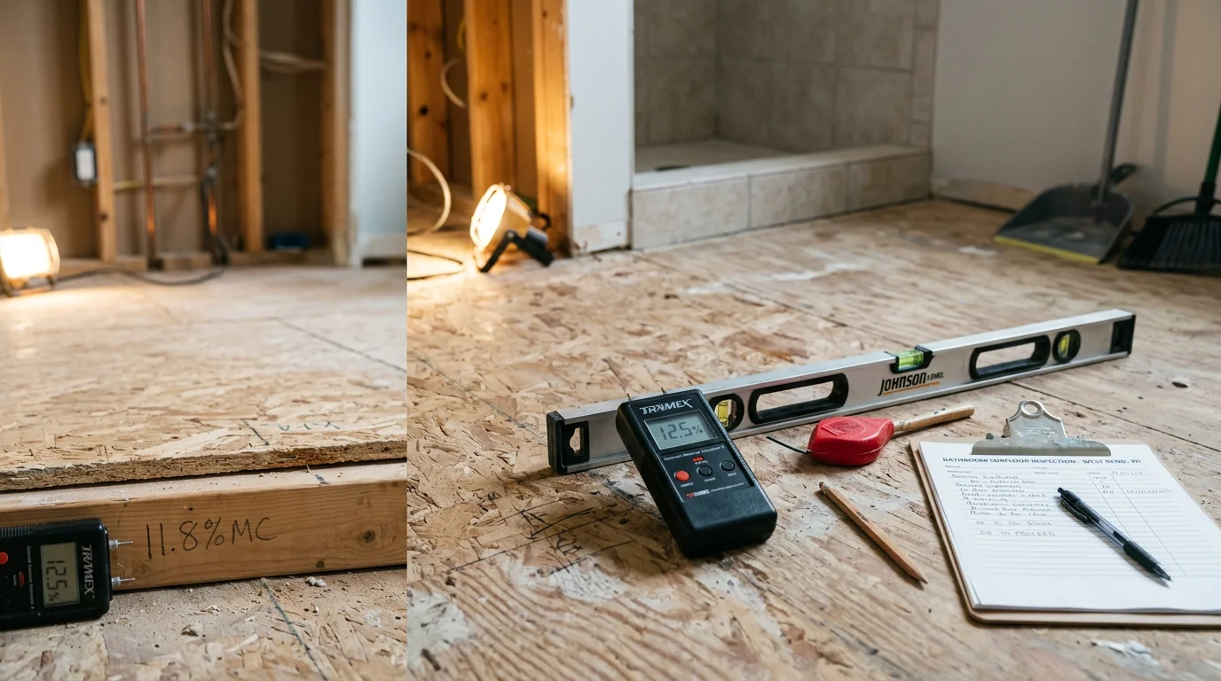 Freshly installed bathroom floor in a West Bend home, showing clean edges along the baseboard and a smooth, water-resistant surface. The bathroom includes a toilet and vanity with the new flooring fitted precisely around the base of each fixture.