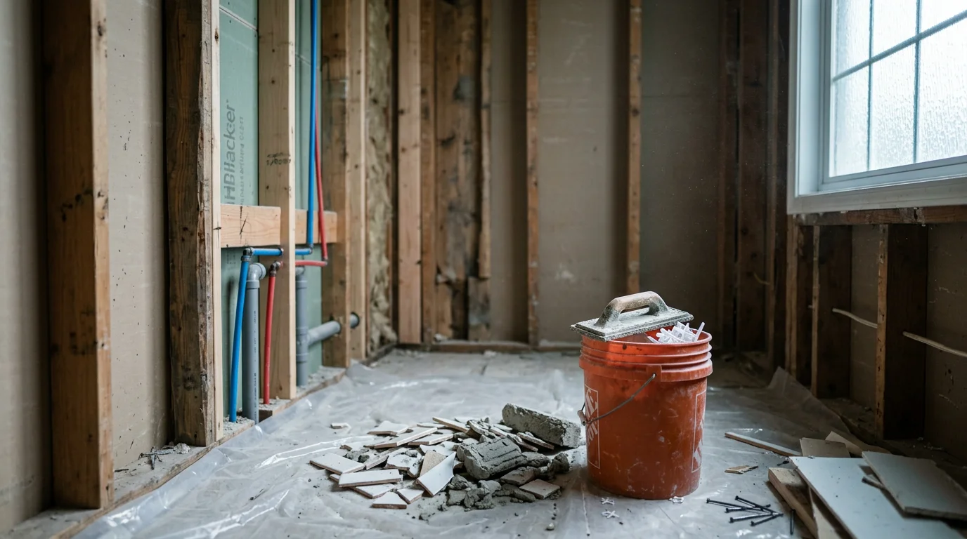 A fully remodeled bathroom interior in a West Bend, Wisconsin home, showing a rebuilt layout with new walls, updated fixtures, and clean finished surfaces. The space reflects a complete gut-and-rebuild remodel rather than a surface-level refresh.