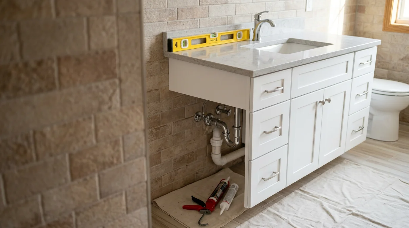 A newly installed bathroom vanity with a fitted countertop and sink in a West Bend home. The cabinet sits flush against the wall with clean plumbing connections visible beneath the sink.