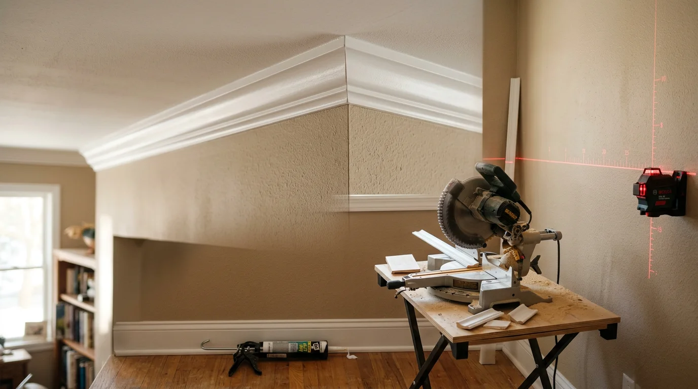 Freshly installed crown molding running along the ceiling perimeter of a West Bend living room, showing tight corner joints and a smooth painted finish where the wall meets the ceiling.
