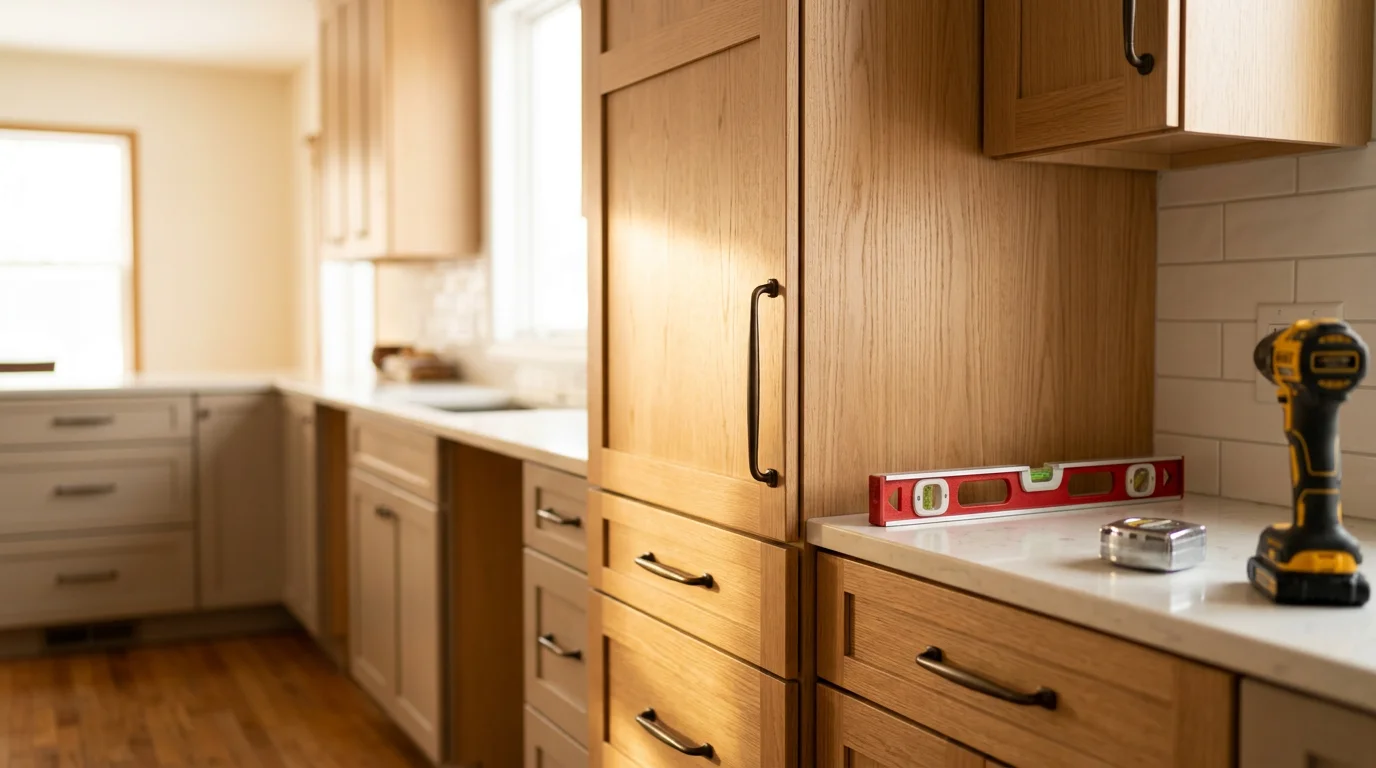 Newly installed custom kitchen cabinets in a West Bend, Wisconsin home, showing floor-to-ceiling cabinetry with aligned doors and hardware. The installation fits the full wall layout with no gaps, reflecting precise measurement and trade-level craftsmanship.