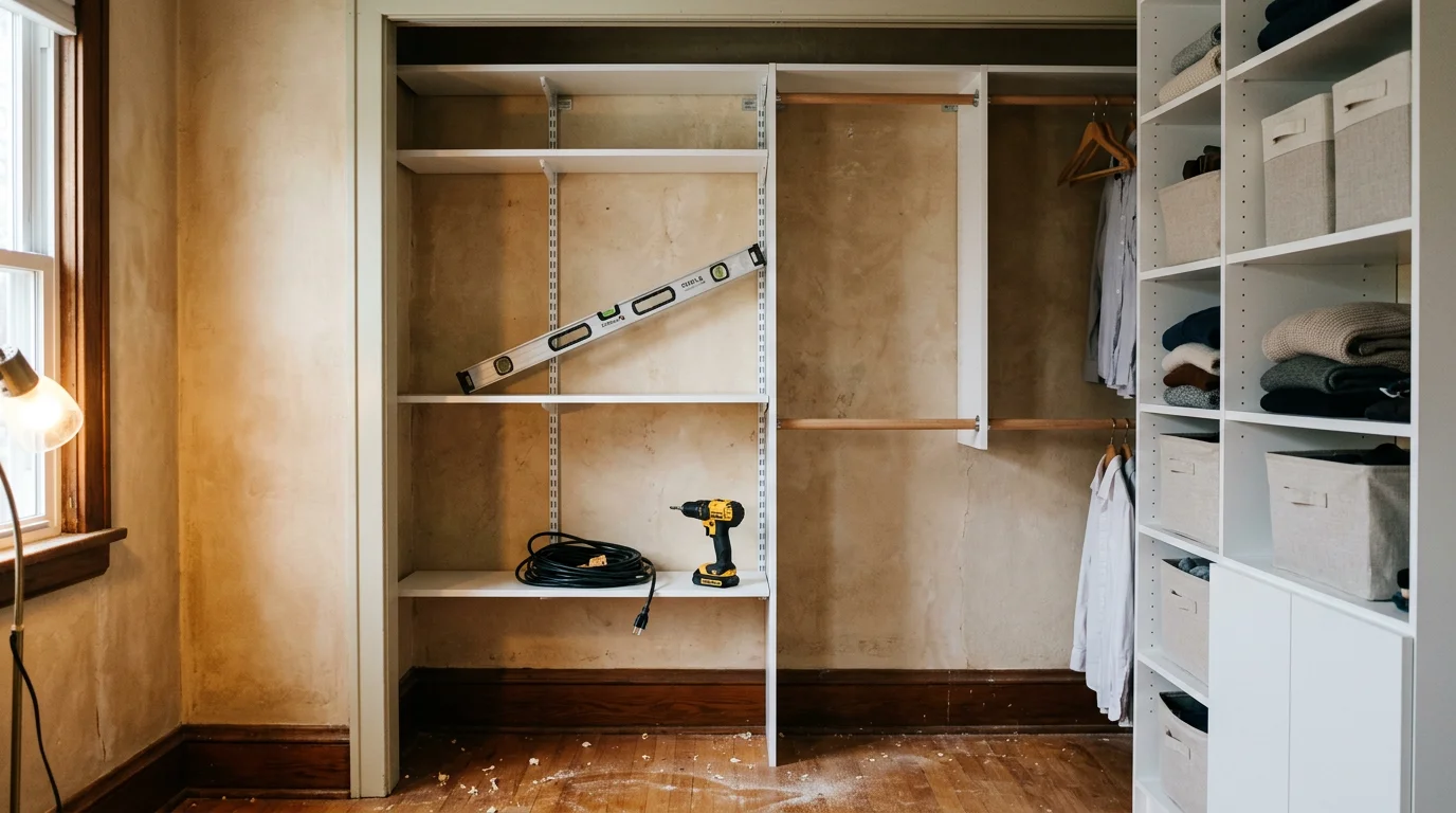 Finished custom closet installation in a West Bend home bedroom, showing built-in shelving, hanging rods, and organized storage across the full wall. Interior finish carpentry work completed by Wilson Builders LLC.