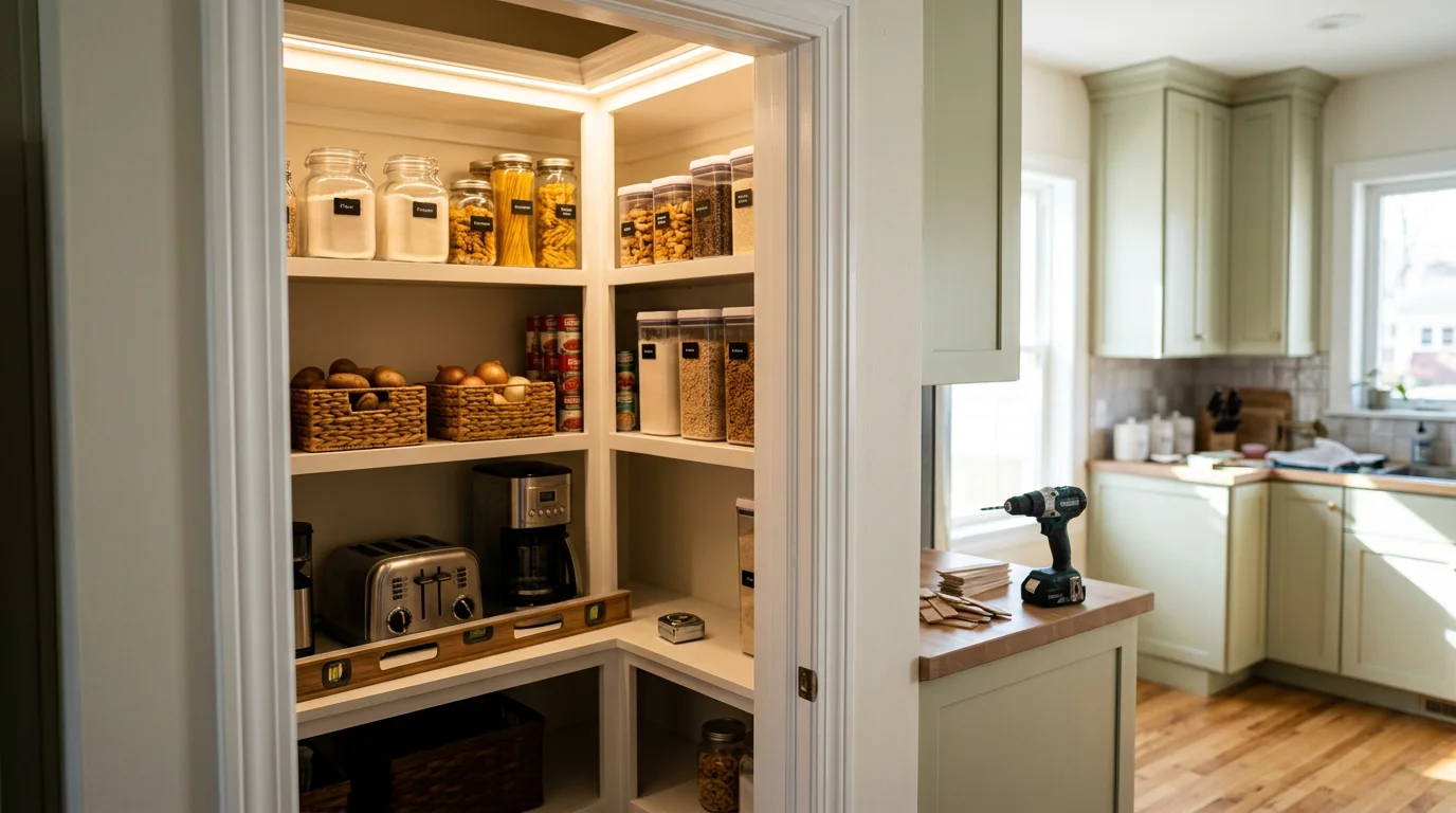 Custom built-in pantry cabinet installation in a West Bend, Wisconsin kitchen, showing floor-to-ceiling shelving with organized storage zones anchored to interior walls.