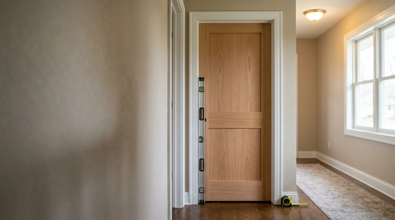 A freshly installed interior door in a West Bend home, showing clean trim lines and a properly aligned door frame. The door is fully hung and closed flush against the jamb in a residential hallway.