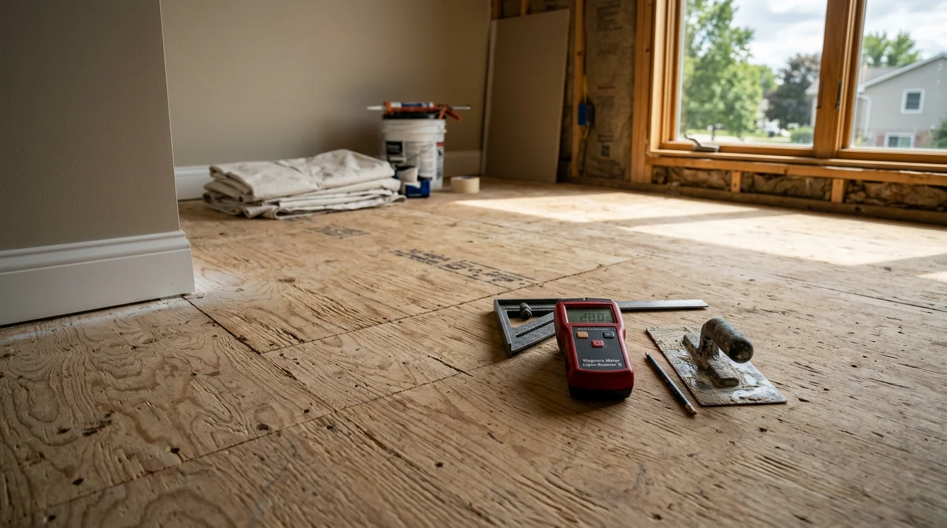 Freshly installed flooring in a West Bend, Wisconsin home showing clean seams and smooth surface across a main living area. A flooring contractor from Wilson Builders LLC prepares the subfloor before laying new material.