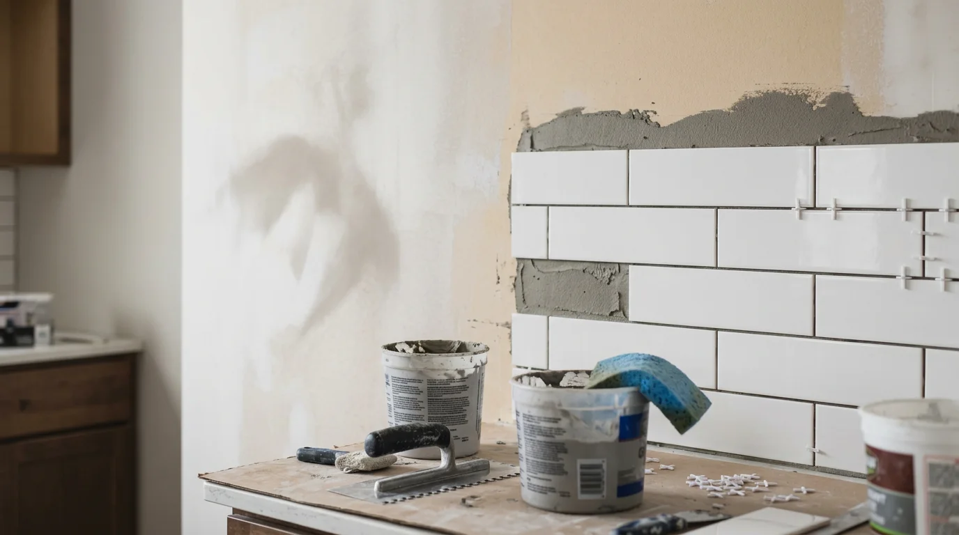 Freshly installed tile kitchen backsplash behind a countertop in a West Bend, Wisconsin home. Grout lines are clean and even, with precise cuts around a wall outlet and upper cabinet edge.