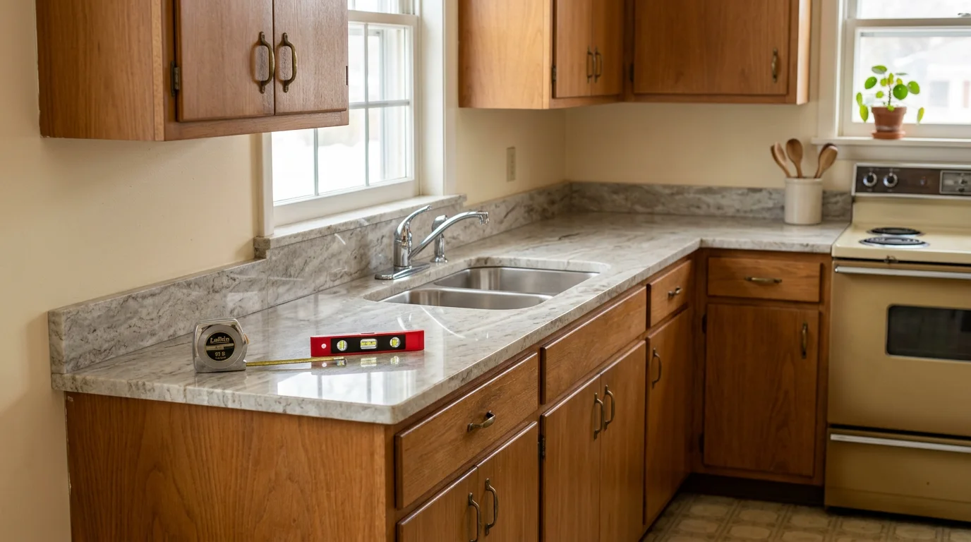 Freshly installed kitchen countertop in a single-family home in West Bend, Wisconsin, showing clean edge alignment along wood cabinets and a fitted sink cutout. The kitchen reflects a mid-century home interior updated with a new countertop surface.
