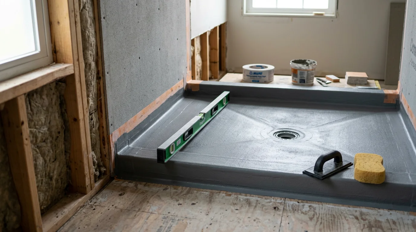 A finished walk-in shower installation in a West Bend, Wisconsin home, showing tiled walls, a recessed niche, and a glass enclosure. The shower pan slopes cleanly to a center drain with no visible grout gaps or water pooling.