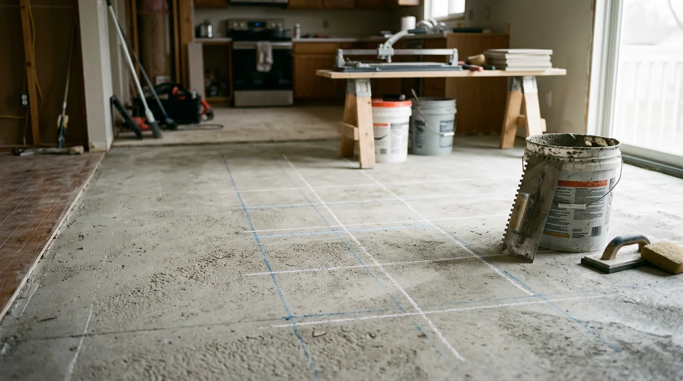 Freshly installed tile flooring in a West Bend home kitchen, showing even grout lines and a clean finished edge along the baseboard. The tile surface is smooth and level, reflecting natural light from a nearby window.