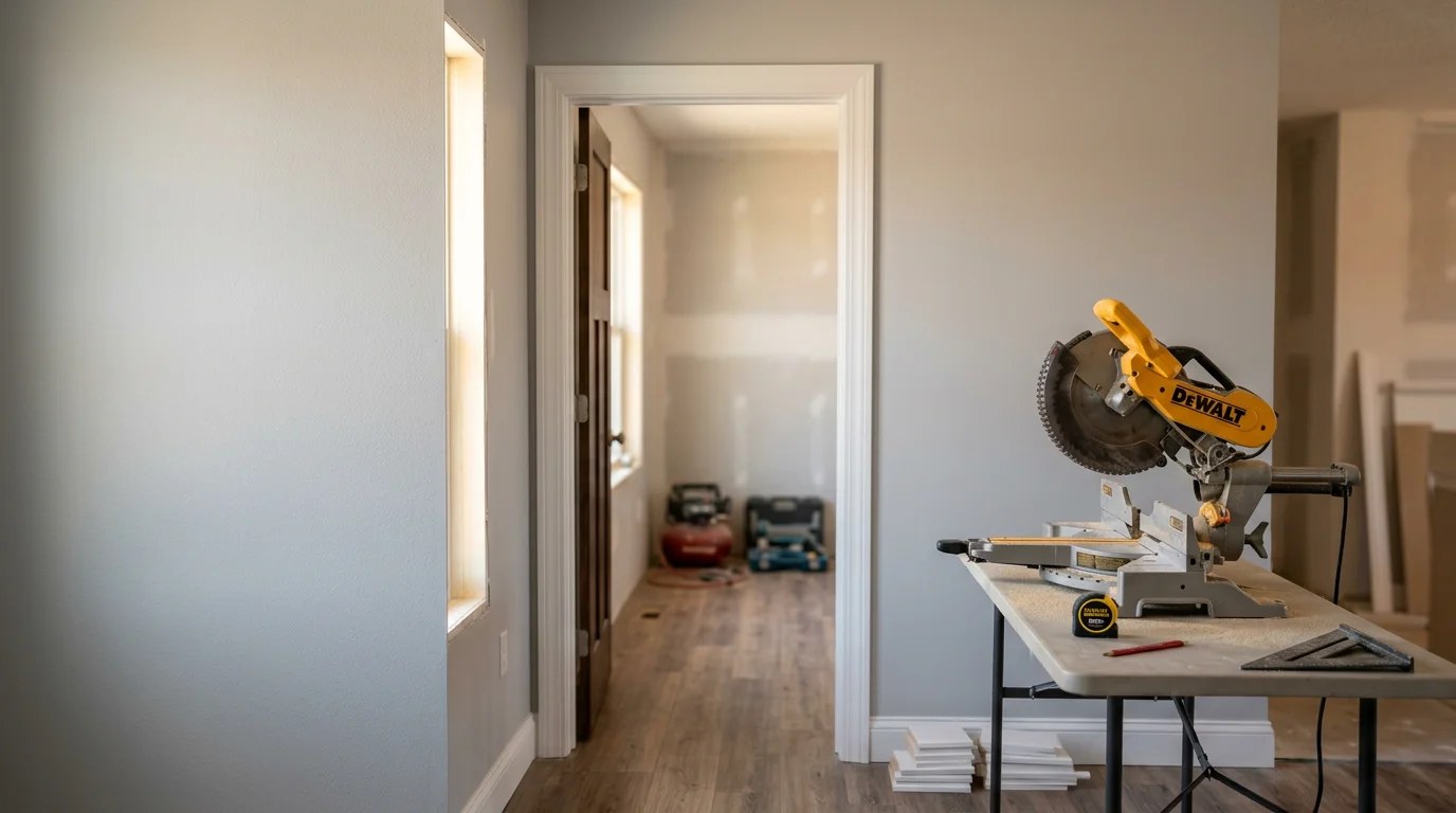 Freshly installed interior window casing and door trim in a West Bend, Wisconsin home, showing tight mitered corners and clean paint-ready wood profiles against white drywall.